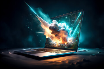 Laptop with a explosion flying out of the screen, vibrant, high-energy imagery.