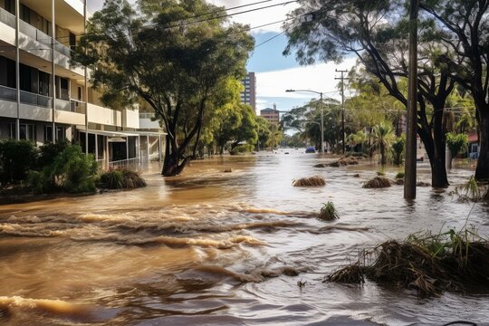 Flooding in Brisbane near Colleges Crossing in February 2022. Generative AI