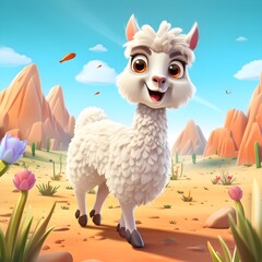 Obraz premium A whimsical 3D-style illustration of a happy llama, perfect for children's entertainment