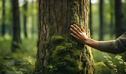 Man hand touch the tree trunk. Bark wood.Caring for the environment. The ecology the concept of saving the world and love nature by human. Ecology and energy forest nature copy space - obrazy, fototapety, plakaty