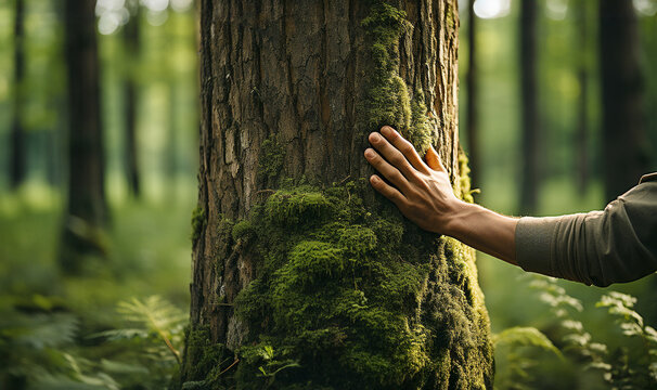 Fototapeta Man hand touch the tree trunk. Bark wood.Caring for the environment. The ecology the concept of saving the world and love nature by human. Ecology and energy forest nature copy space