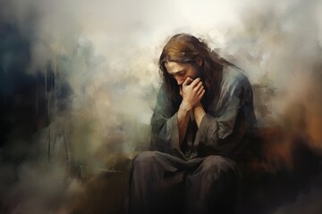 Illustration of Jesus praying  - obrazy, fototapety, plakaty