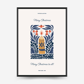 Merry Christmas And Happy New Year Vertical Flyer Or Poster Template. Modern Trendy Matisse Minimal Style. Hand Drawn Design For Wallpaper, Wall Decor, Print, Postcard, Cover, Template, Banner.