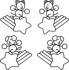 流れ星に乗るわんまるとにゃんまるの線画セット　犬　猫
