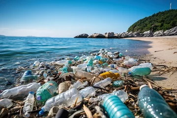 Zelfklevend Fotobehang Empty used plastic bottle on the beach by the sea, Environmental pollution © Маргарита Вайс