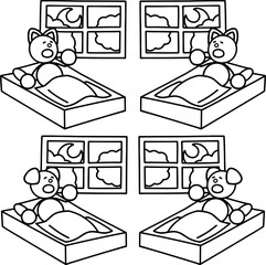 就寝でふとんに入るわんまるとにゃんまるの線画セット　犬　猫
