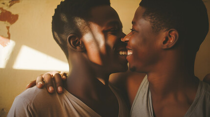Close-up of Two gay black guys smiling, expressing their love and affection for each other, they are about to kiss. Create with AI.