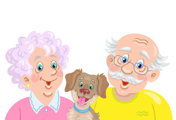 Portrait of an adult man and woman with a funny dog. Grandfather and grandmother with their pet. In cartoon style. Isolated on white background. Vector flat illustration.