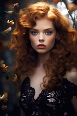 Beautiful redhead girl with long curly hair. Beauty, fashion.