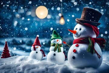 Fototapeta premium snowman on the snow christmas backdrop.
