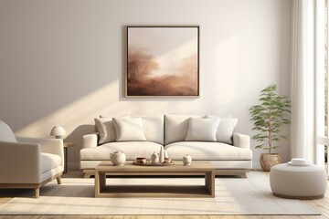 3D rendering of a cozy living room with a couch and a placeholder artwork. Generative AI