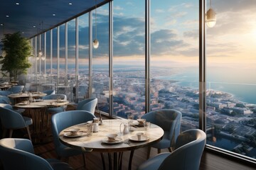 Obraz premium Panoramic hotel restaurant overlooking the ocean or cityscape.