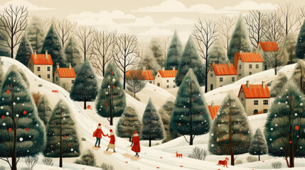 Fototapeta na wymiar creative illustration of a winter landscape with people