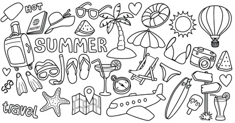 Hand drawn travel doodle set.