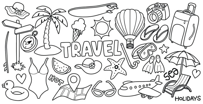 Hand drawn travel doodle set.