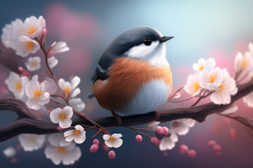 Little cute bird on cherry blossom branch in sunny day. The illustration of not real bird. Generative AI - 648155102