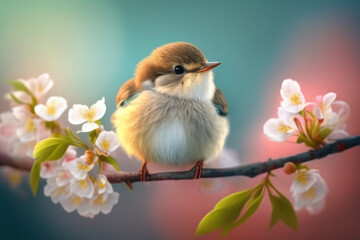 Cute little bird on cherry blossom branch in sunny day. The illustration of not real bird. Generative AI - 648155123