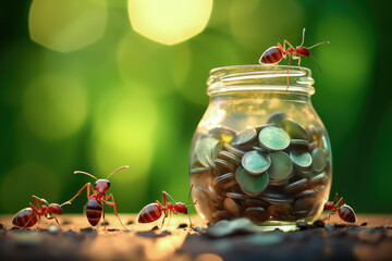 Ants put coins in a glass jar, money savings concept. Green sunny background. Generative AI - 648155155