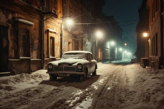 vintage car standing on the street in winter
