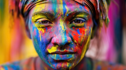 In a vibrant close-up at the Holi festival in India, a joyous woman's expressive face is adorned with colorful paint, embodying the festive spirit of this cultural celebration.