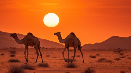 Fototapeta na wymiar Two wild camels crossing the desert's sand dunes at sunset, with the sun setting above the horizon. A tranquil and dramatic scene in the arid wilderness.