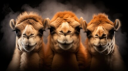 Close-up of three curious camels striking a funny pose, looking at the camera, against a dark background - obrazy, fototapety, plakaty