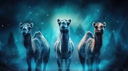 Close-up of three curious camels striking a funny pose, looking at the camera, against a dark background, illustration
