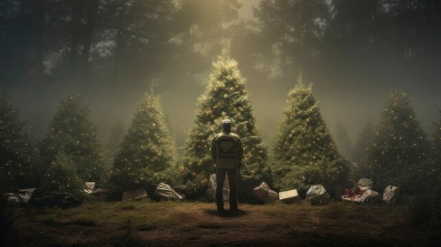 Fantasy christmas tree in the night, man looking at them , and lots of gifts