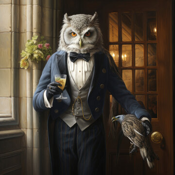 Owl man, Raven, Castle, Noble, Aristocratic, Lord, Count, 1800s portrait, Drink. An Owl posing with a cocktail and his inseparable pet in one of the countless corridors of its castle.