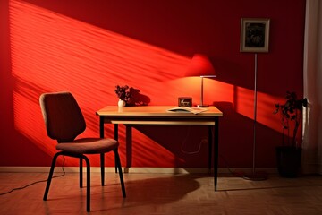 a new room with chair table, red color painted room, perfect lighting in camera angle
