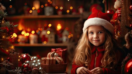 Girl dressed for Christmas with a Santa hat and a background of Christmas decorations