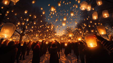 people release glowing balloons into the sky - obrazy, fototapety, plakaty