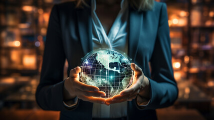 Fototapeta premium Businessman working with a digital phone or tablet on blurry dark bokeh background,