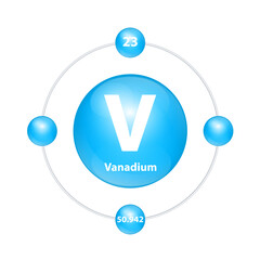 Vanadium (V) Icon structure chemical element round shape circle light blue with surround ring. Period number shows of energy levels of electron. Study science for education. 3D Illustration vector.