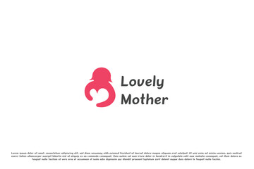 Mother love logo design illustration. Silhouette shape of person woman mother mom family love heart caring affection. Flat abstract template concept simple happy minimalist subtle young quiet modern. - obrazy, fototapety, plakaty