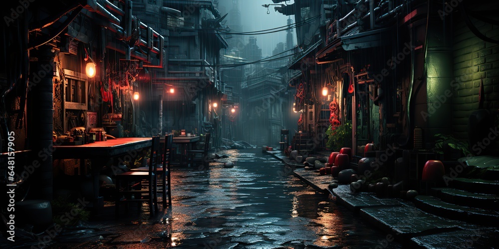 Wall mural AI Generated. AI Generative. Traditional Japanese city town walking street night life in rain time. Cityscape adventure travel explore. Future cyberpunk asian vibe.