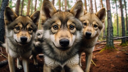  a group of three dogs standing next to each other in a forest.  generative ai