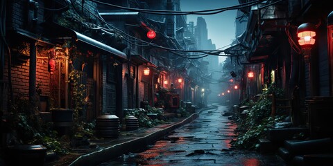 AI Generated. AI Generative. Traditional Japanese city town walking street night life in rain time. Cityscape adventure travel explore. Future cyberpunk asian vibe.