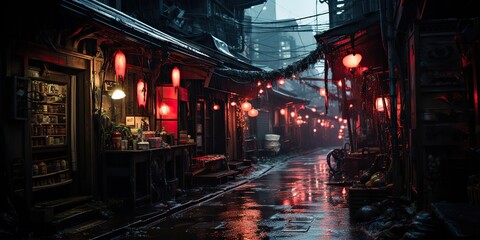 Fototapeta na wymiar AI Generated. AI Generative. Traditional Japanese city town walking street night life in rain time. Cityscape adventure travel explore. Future cyberpunk asian vibe.