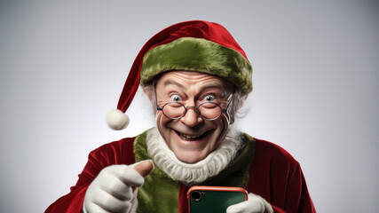 Santa, wearing an elf hat, holds a cellphone in hand and beams with a cheerful smile - obrazy, fototapety, plakaty
