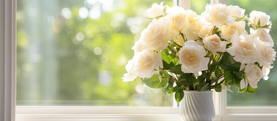 White garden roses arranged in a bouquet set against a window backdrop