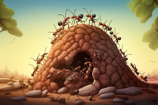 A cartoon depiction showing ants working collectively as a colony, symbolizing teamwork. Generative AI