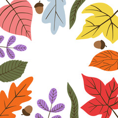 Colorful  autumn leaves vector illustration. Autumn Halloween frame with leaves, graphic icon or print isolated on white background