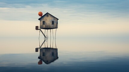  a house with a ball on top of it in the water.  generative ai