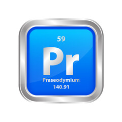 Icon structure Praseodymium (Pr) number chemical element square blue line silver. Periodic table. Sign with atomic number. Study in science for education. 3D vector illustration.