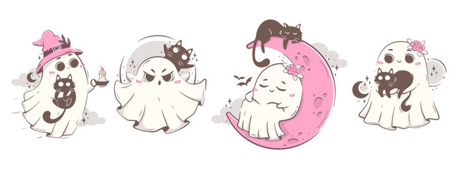 Clipart set with cute kawaii ghosts and cats. Halloween character vector illustration in pink retro colors.