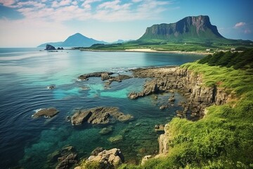 This is a beautiful ocean view of Jeju Island in South Korea. Generative AI - obrazy, fototapety, plakaty
