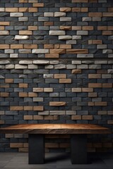 a wooden table with background brick wall made with Generative AI
