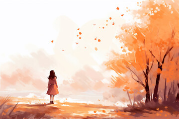 girl in autumn park with orange trees around
