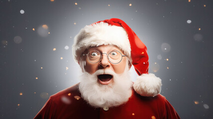 Joyful Santa Claus with a white beard caught in a candid moment in snowfall standing in studio over dark background